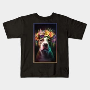 American Staffordshire Terrier Pitbull Vibrant Tropical Flower Tall Digital Oil Painting Portrait  11 Kids T-Shirt